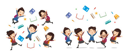 Happy students raise their hands and jump. throwing books and pencils in the air.のイラスト素材