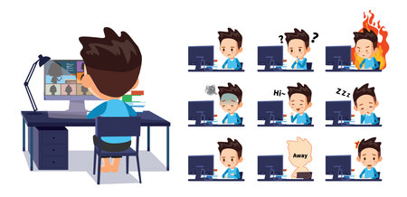 A student who is having an online class at home. express various emotionsのイラスト素材