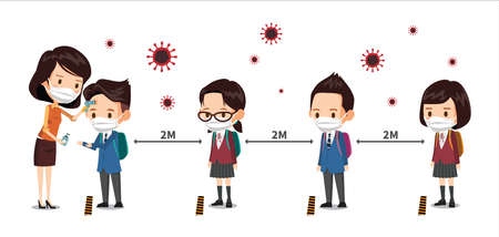 Students wearing masks stand on social distance. The teacher measures children's body temperature and prevents the virus by hand disinfection.のイラスト素材