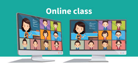Online students lesson or meeting. Coronavirus quarantine distance education concept. Stay at home vector illustration. Studying pupils or students. Laptop screenshot.のイラスト素材