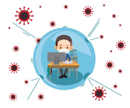 a schoolboy at home using a computer for online education safe from coronavirus transmission.のイラスト素材