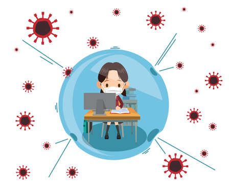 a schoolgirl at home using a computer for online education safe from coronavirus transmission.のイラスト素材