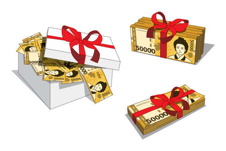 White gift box full of Korean currency. A banknote with a face value of 50,000 won, decorated with red ribbon.のイラスト素材