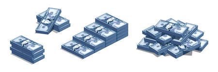 US currency, a bundle set of banknotes in various shapes. 100 dollars.のイラスト素材