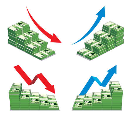 Korean Won 10,000 Won. A vector illustration of piles of money stacked in a staircase shape representing the rise and fall of the economy, with arrows pointing up and down.のイラスト素材