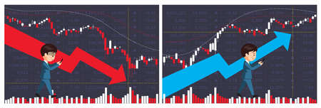 A graph representing stock trading shows a decline and a rise. Sad and happy emotions are shown on the face of a walking man.のイラスト素材