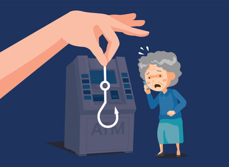 An illustration of a grandmother who was deceived by voice phishing standing in front of an ATM machine. He is talking on the phone with a puzzled face.のイラスト素材