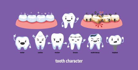 Various tooth characters. Appearance of healthy teeth and sick teeth.のイラスト素材