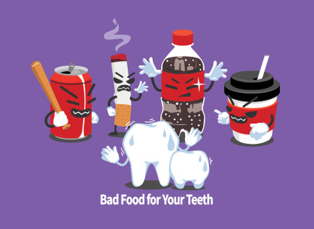 A cute character depicts the harm caused to teeth by foods harmful to teeth.のイラスト素材