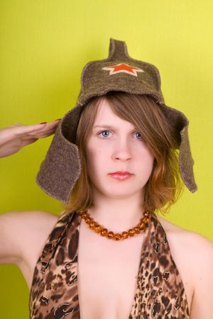 Portrait russian girl. Green background.の写真素材