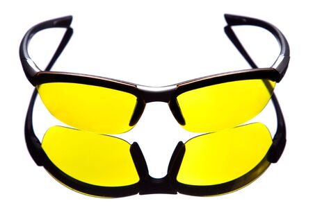 Yellow sunglasses and reflection. Isolated on white.の写真素材