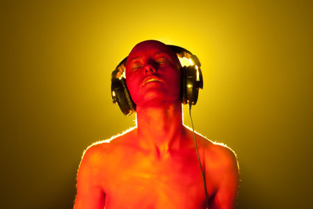 Girl in headphones. High textured skin.の写真素材