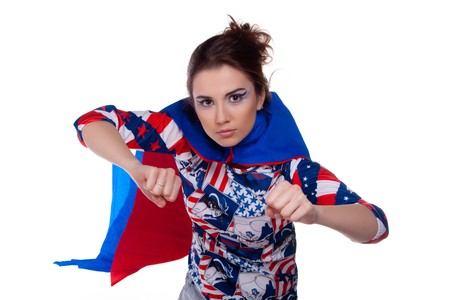 Superwoman. On white background. Portrait.の写真素材