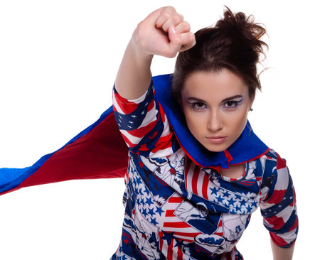 Superwoman. On white background. Portrait.の写真素材