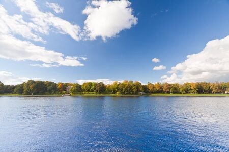 Panoramic landscape view and clear blue sky.の写真素材