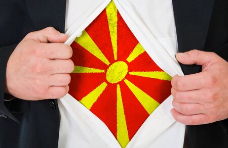 The Macedonia flag painted on the chest of a manの写真素材