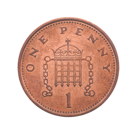 British One Penny Coin Reverse Showing a Crowned Portcullis with Chains - Isolated on white...