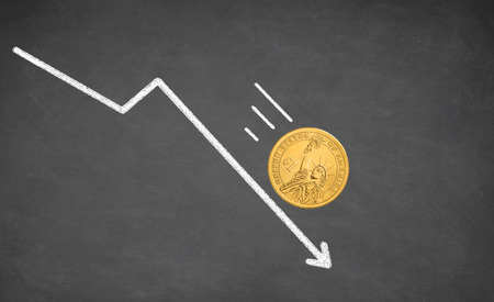 Falling Dollar money cash. Arrow falling down. Drawn with white chalk on blackboardの写真素材