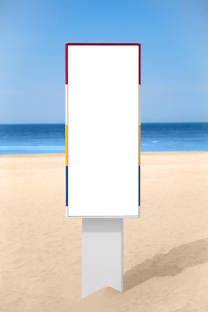 Empty vertical banner on the beach. Billboard isolated on white.の写真素材
