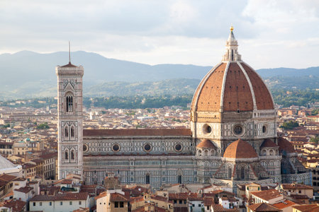 Duomo Santa Maria Del Fiore and Bargello in the morning from Piazzale Michelangelo in Florence, Tuscany, Italyの写真素材