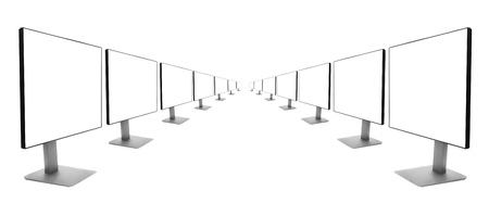 two rows of monitors receding into the distance, isolated on white backgroundの写真素材