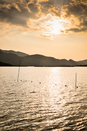 Landscape mountain with pond in spring or summerの写真素材