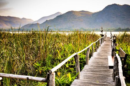 Landscape mountain with pond in spring or summerの写真素材