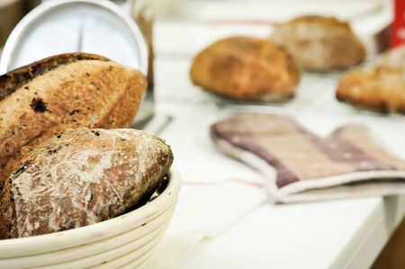 Mixed rye-wheat whole grain homemade sourdough breadの写真素材