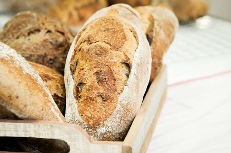Mixed rye-wheat whole grain homemade sourdough breadの写真素材