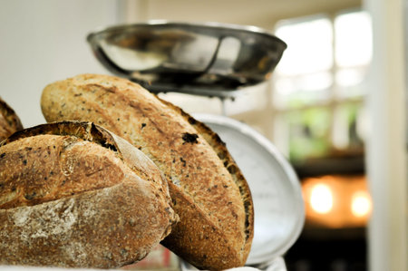 Mixed rye-wheat whole grain homemade sourdough breadの写真素材