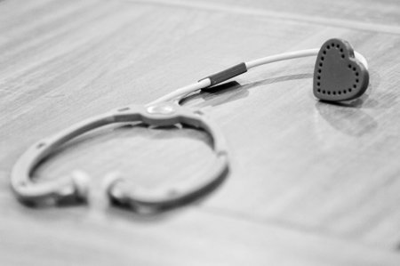 Stethoscope and Shape Heart On the wooden floor Background, healthcare and medical toy for kid,...