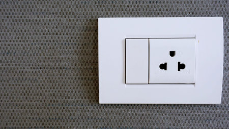 White Electrical Outlet and Wall Plate at the decoration wallpaper grey color on the wall.