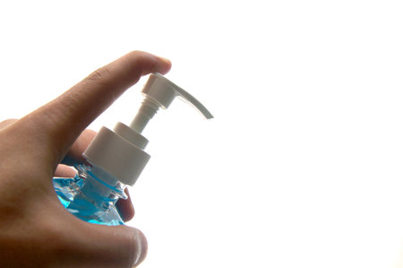 Pumping alcohol gel 70% to Hand apply from clear plastic bottle in Sanitation, anti germ and...