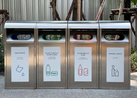 Stainless steel trash Placed in public areas Color separation in littering (Concept of waste separation) to protect the environmentの写真素材