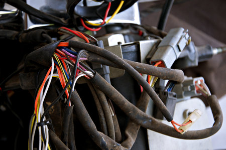 Close-up of an old electric motor with a lot of wiresの写真素材