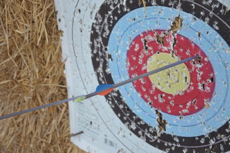 Archery target with arrows in an archery range. Close up.の写真素材