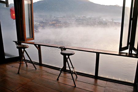 Morning fog on the lake in the morning, Chiangmai Thailandの写真素材