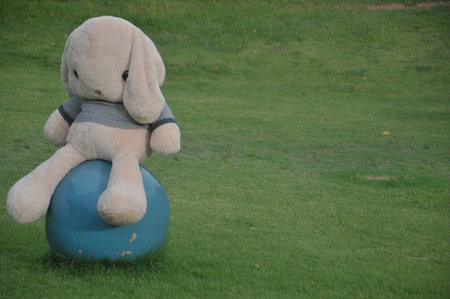 Teddy bear sitting on a ball in the park, soft focusの写真素材