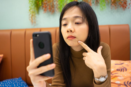 asian women use mobile to Selfie