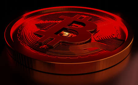 red Bitcoin value rising down ( BTC ) price fall drop Concept . 3D renderingの写真素材