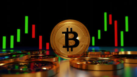 many Bitcoin and candles stick green and red in the background ( BTC ) crypto price drop and up Concept . 3D renderingの写真素材