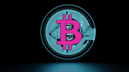 Bitcoin neon on black background. BTC Crypto Currency Technology neon concept.3D renderingの写真素材
