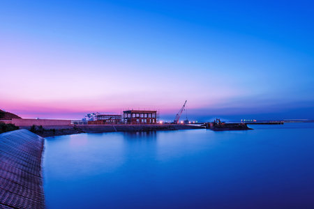 Jiangyin Yangtze River ferry pier sunset Nightの写真素材