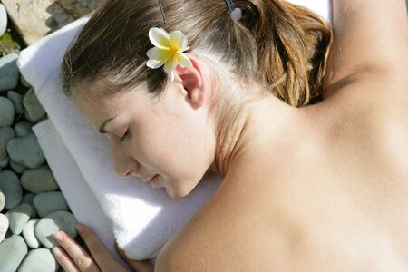 High angle view of woman lying downの写真素材