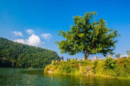 Nepal, Pokhara, Phewa Lakeの写真素材