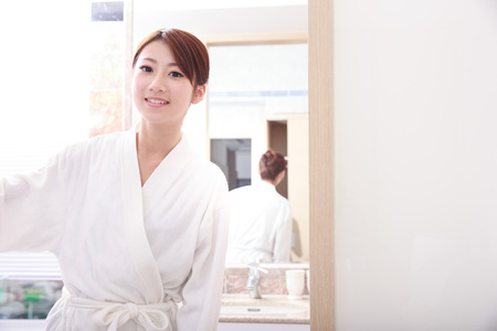 Asian Young woman at bathroomの写真素材