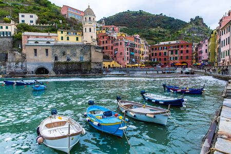 boats at Cinque Terre, Italy vernazzaのeditorial素材