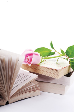 Books and a stalk of pink rose  on white backgroundのeditorial素材