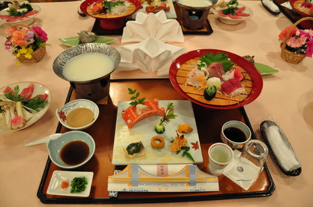 dinner seat meal at Shimonoseki Marine Restaurant Japanのeditorial素材