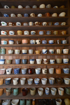 Rack of ceramic tea cupsのeditorial素材